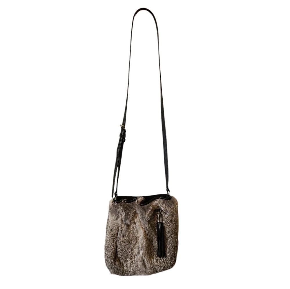 MICHAEL KORS Rabbit Fur Crossbody Bag With Silver Hardware and Black Detailing